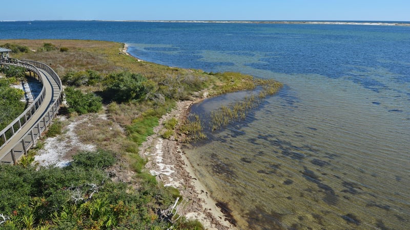 Scenic coastal view and boardwalk at Big Lagoon State Park Florida