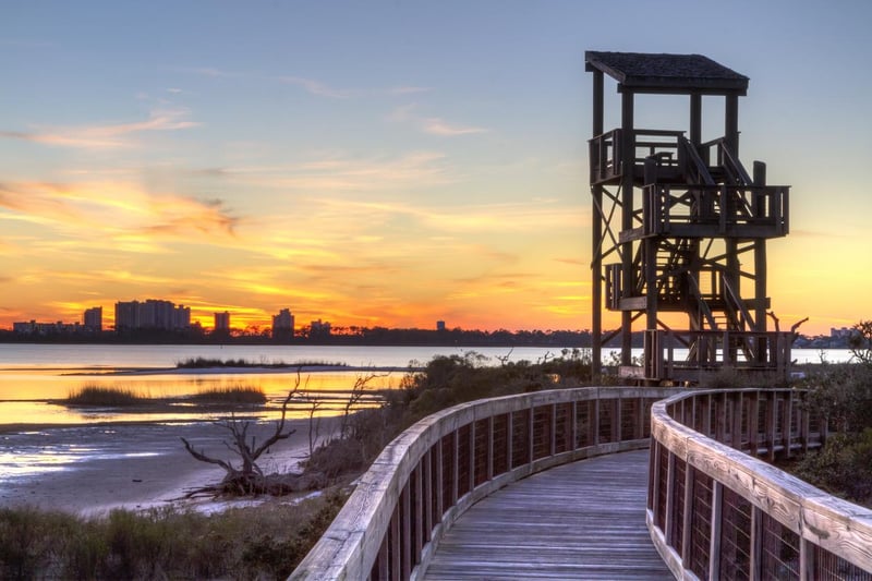 Observation tower and boardwalk at sunset in Big Lagoon State Park