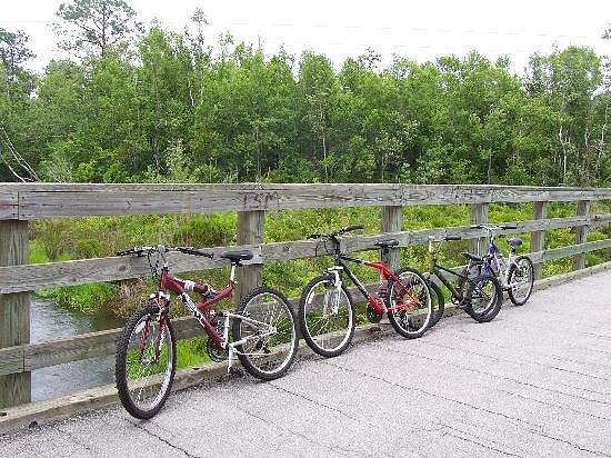 Bicycles parked along wooden bridge on Blackwater Heritage Trail