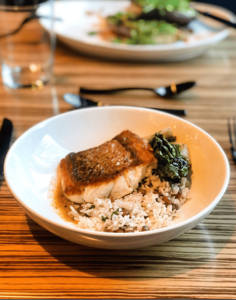 Beautiful plated seafood entrée featuring fresh seasonal ingredients