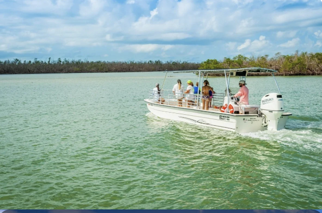 Scenic waterway with boat exploring coastal islands