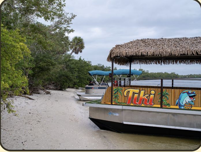 Tiki boat docked on a sandy beach in calm coastal waters