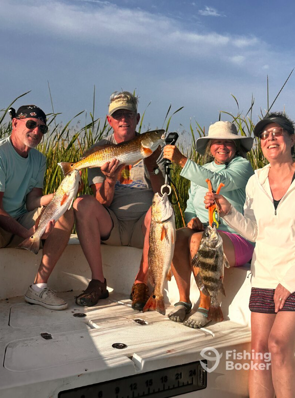 Catches can include Redfish , Black Drum , Sheepshead , Red Snapper , Lane and Mangrove Snapper, Black Seabass , Spotted Seatrout, Kingfish, Amberjack, and Flounder