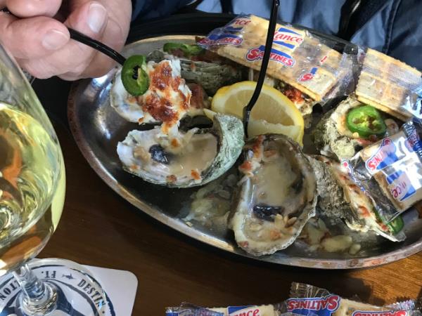 Oyster AJ baked with jalapeno, Monterey Jack cheese and cabon
