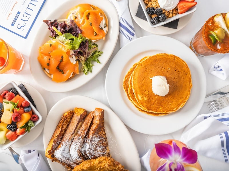 Overhead view of a brunch table at Bud and Alleys in Seaside, Florida