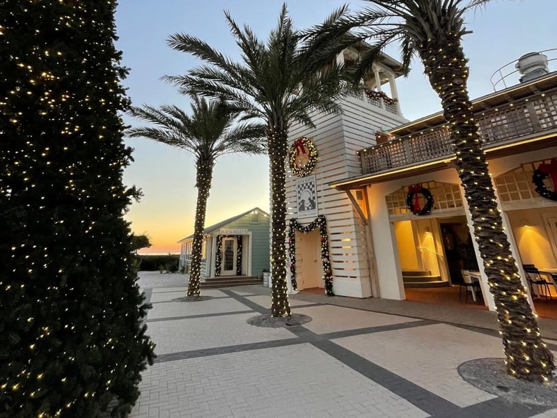The outside of Bud and Alleys Restaurant at Christmas time in Seaside, Florida