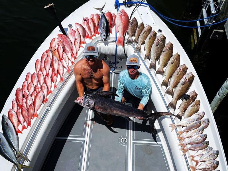 Overhead view of two men aboard JustInTime surrounded by fish