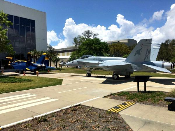 National Naval Aviation Museum Pensacola exterior and pair of F18 Hornets aircraft