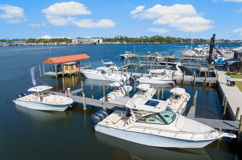 Boats docked in the slips at Treasure Island Marina in Destin, Florida