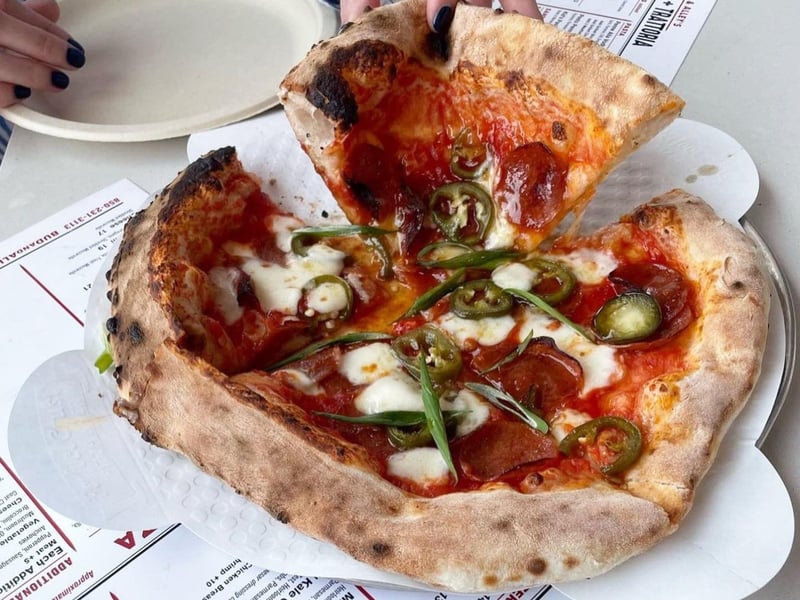 Jalapeno and pepperoni pizza at Bud and Alleys in Seaside, Florida