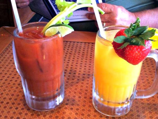 Bloody Mary and mimosa atop a table at Lighthouse Cafe on Sanibel Island