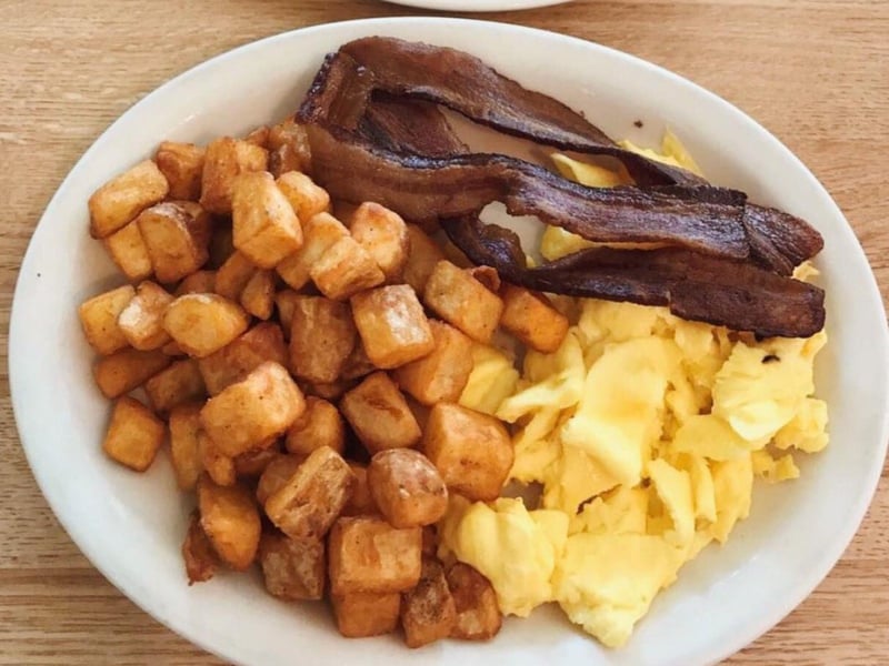 Eggs, bacon and breakfast potatoes