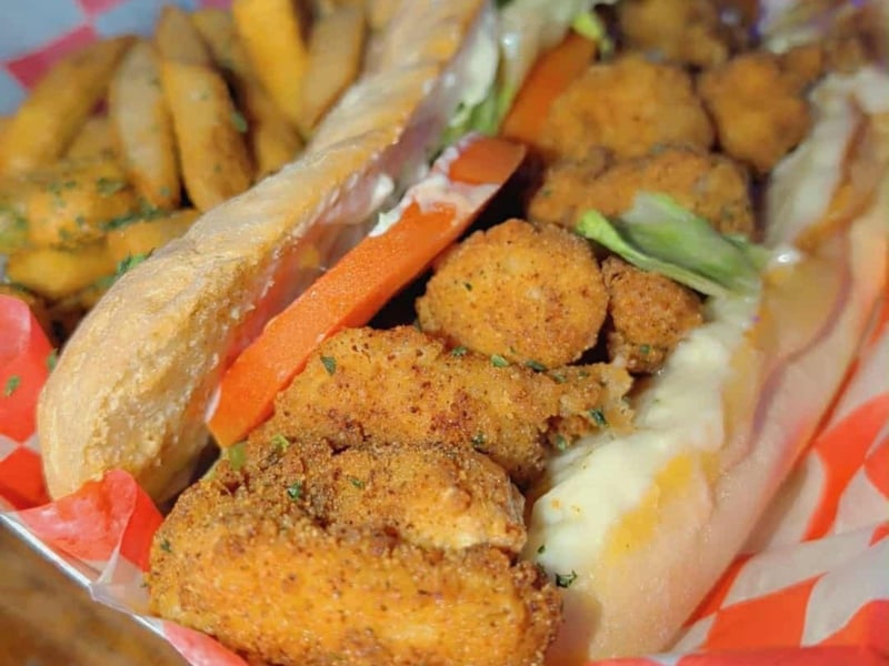 The shrimp poboy with fries at Mudbugs in Gulf Shores, Alabama