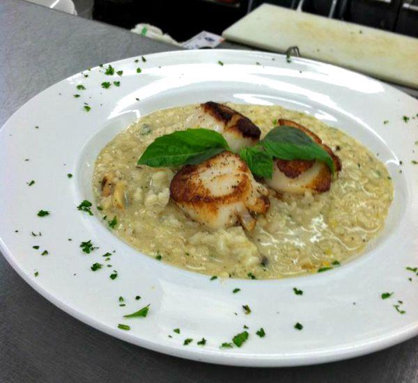 Seared scallops on a bed of rice garnished with basil leaves