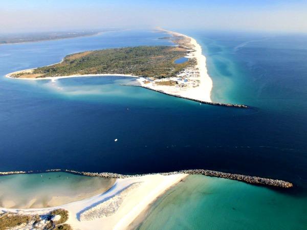 Aerial view of the Gulf and islands around Panama City from inside one of Panhandles helicopters