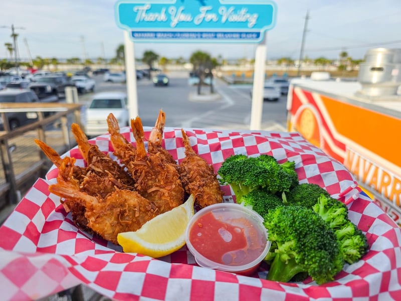 Coconut crusted Jammer shrimp with broccoli