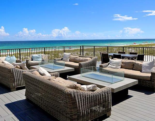 The outdoor patio at Beach House Social Bar and Grille in Navarre Beach, Florida