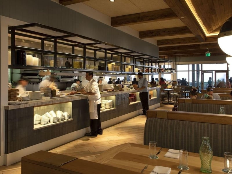 The kitchen and the indoor seating at Fish Out of Water in Santa Rosa Beach, Florida