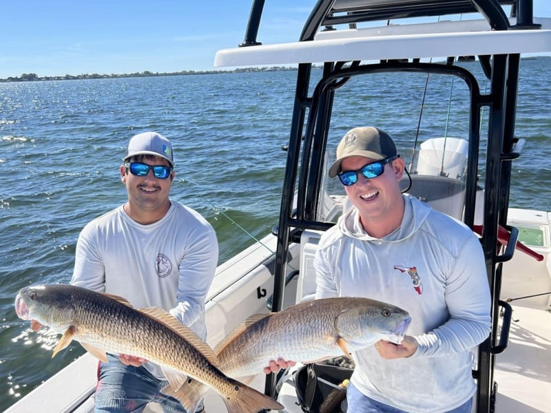 Two men showing off their catch on the back of the boat in Sarasota, Florida