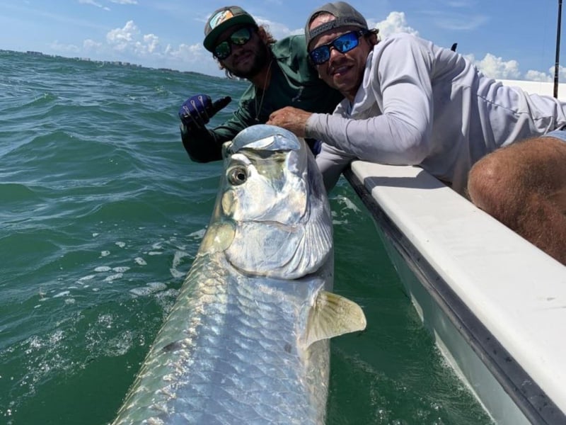A group posing with their catch off the side of the boat in Sarasota, Florida