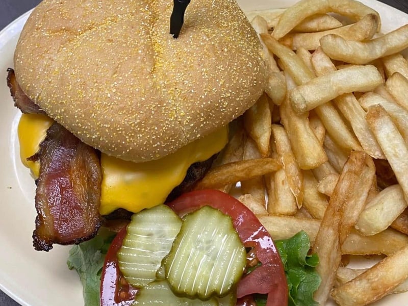 A burger and fries at Sidelines Sports Bar and Restaurant