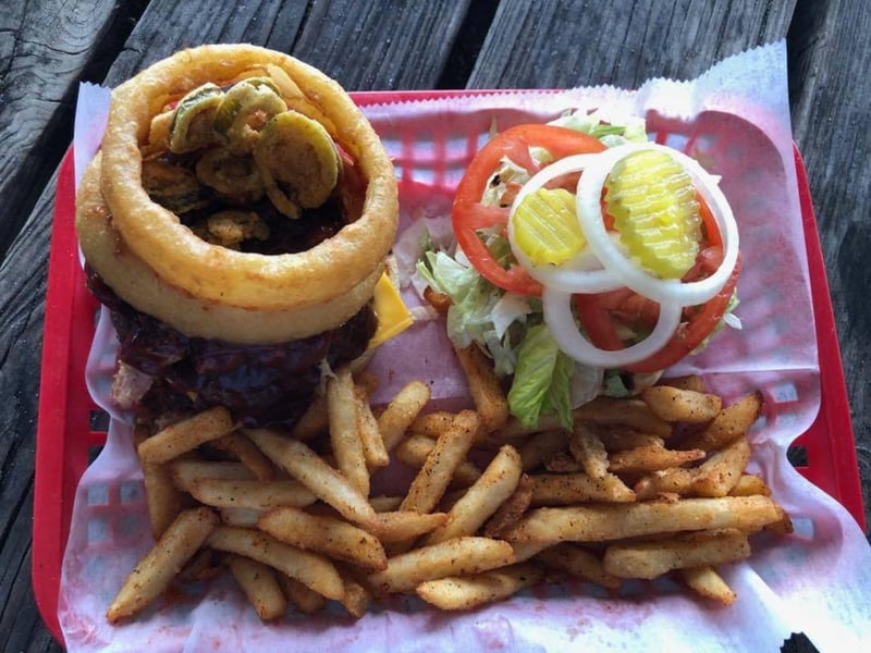 A loaded burger at The Dock in Pensacola Beach, Florida