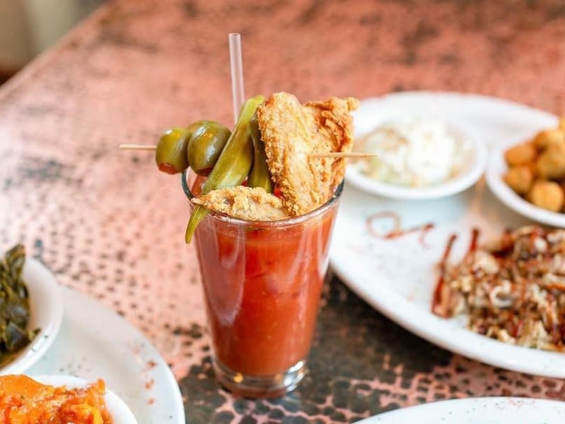 A loaded Bloody Mary at Five Sisters Blues Cafe in Pensacola, Florida
