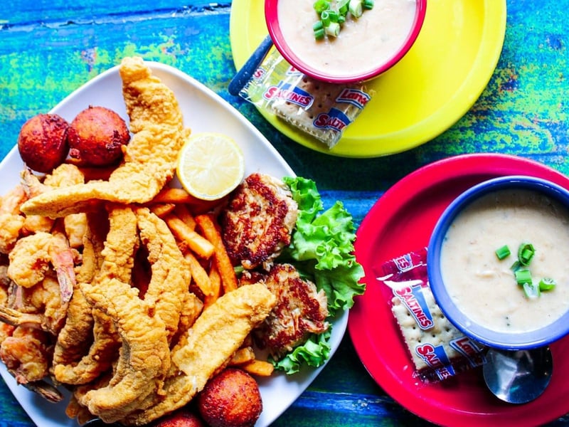 Fried seafood and clam chowder at Shaggys Pensacola Beach