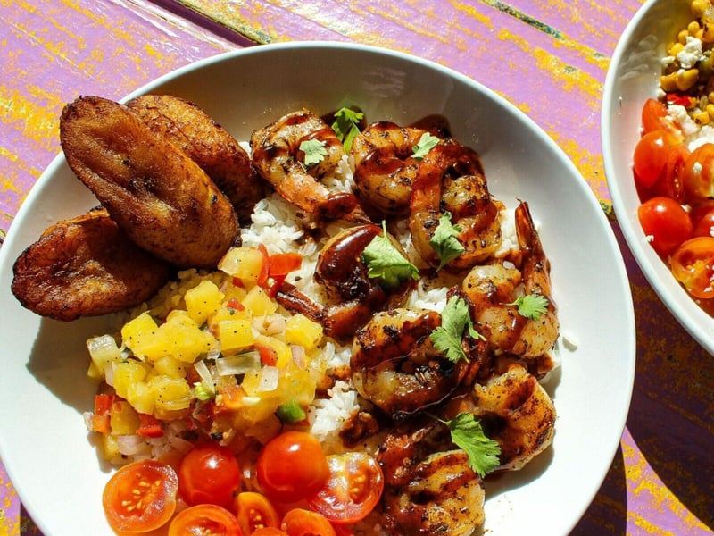 A shrimp and rice bowl at Shaggys in Pensacola Beach