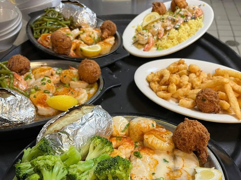 A platter with seafood entrees from Bayou Bills Crab House in Panama City Beach, Florida