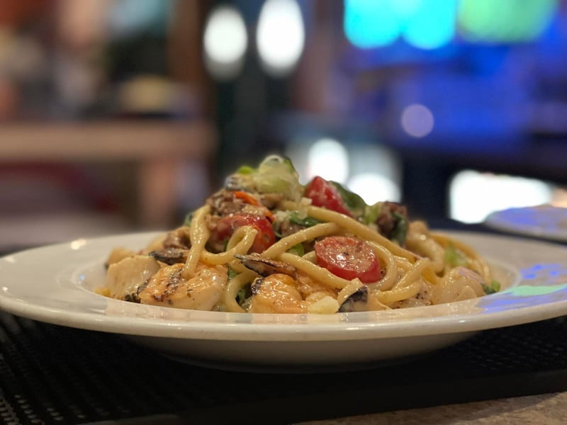 Blackened grilled Parmesan Gulf Shrimp and Scallops with Bucatini