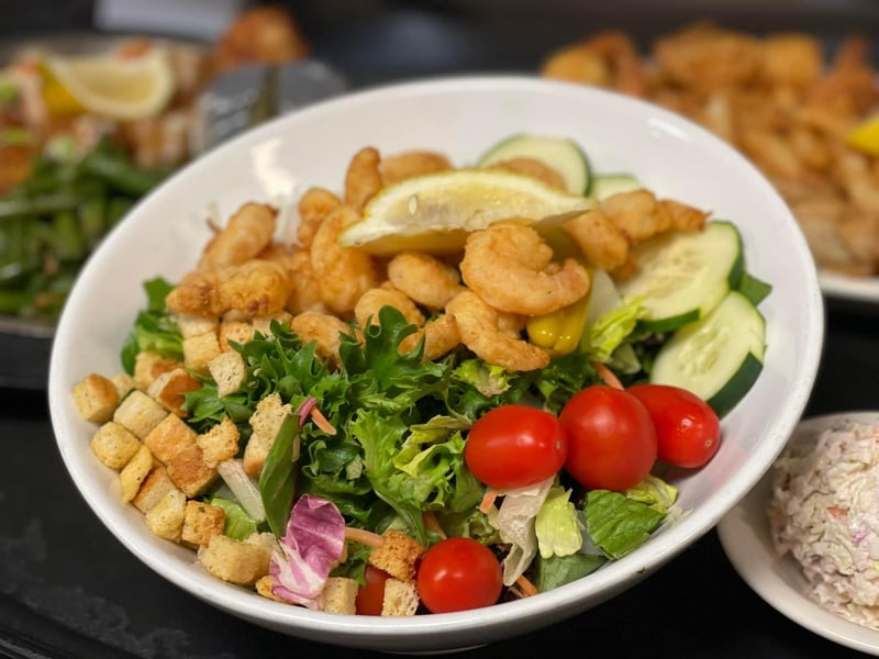 The Garden Salad with fried shrimp