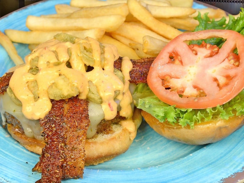 A loaded cheeseburger from Hammerhead Freds
