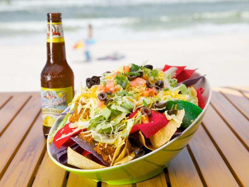 Loaded nachos with a beer at Harpoon Harrys