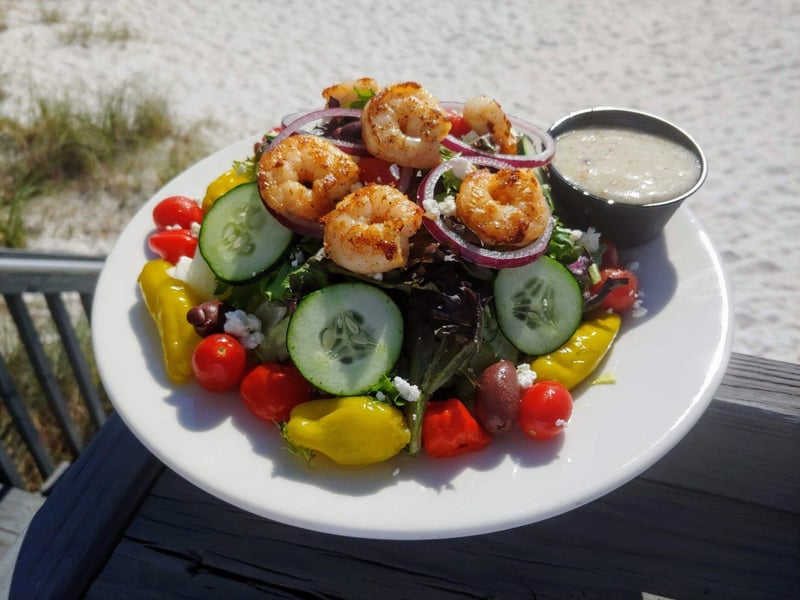 The Greek Salad with fresh shrimp at Harpoon Harrys