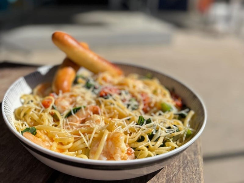 Shrimp pasta and breadsticks from Patches Pub  Grill in Panama City Beach, Florida