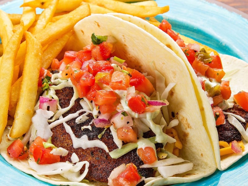 Fish tacos with fries at Sharkys Seafood Restaurant