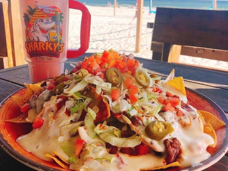 A plate of Caribbean nachos from Sharkys Beachfront Restaurant