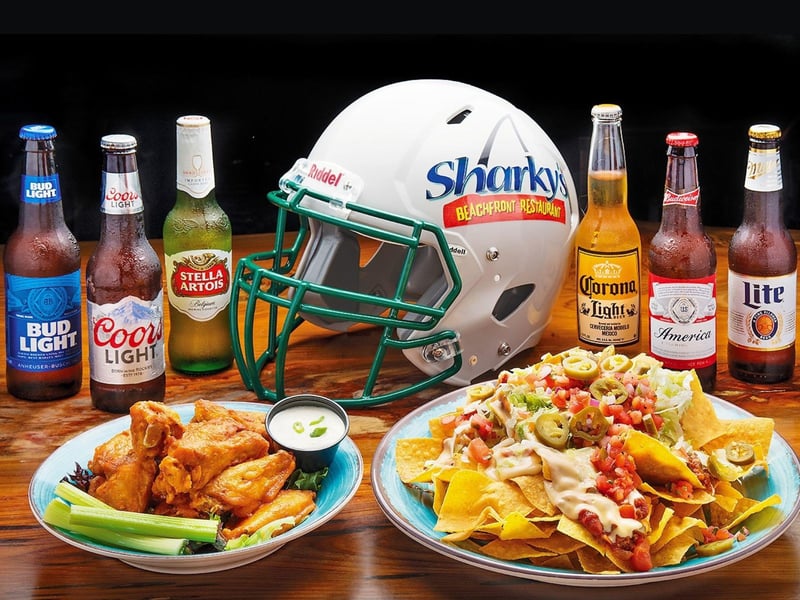 Beer, wings and nachos at Sharkys Seafood Restaurant in Panama City Beach, Florida