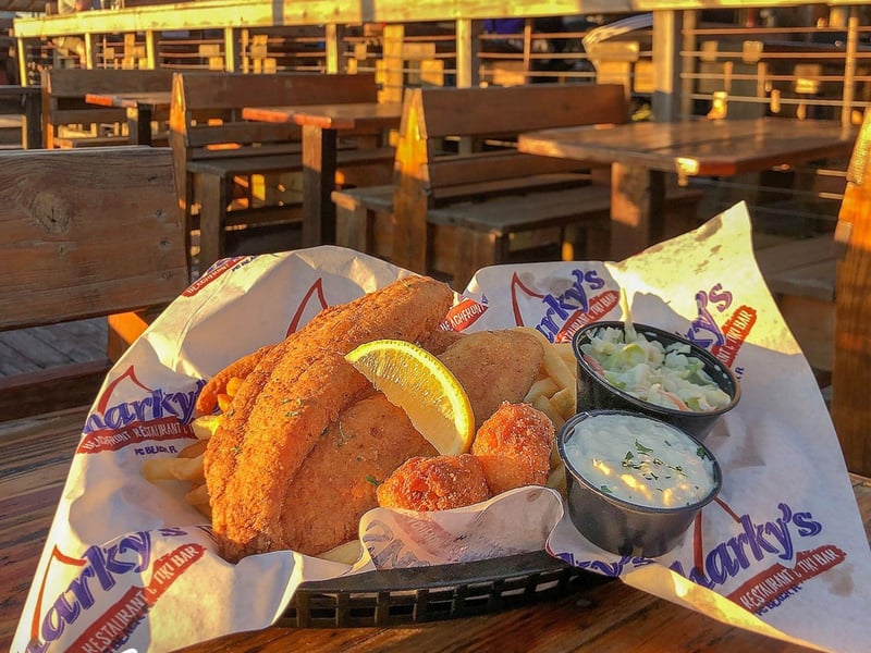Fried shrimp and hushpuppies at Sharkys Seafood Restaurant