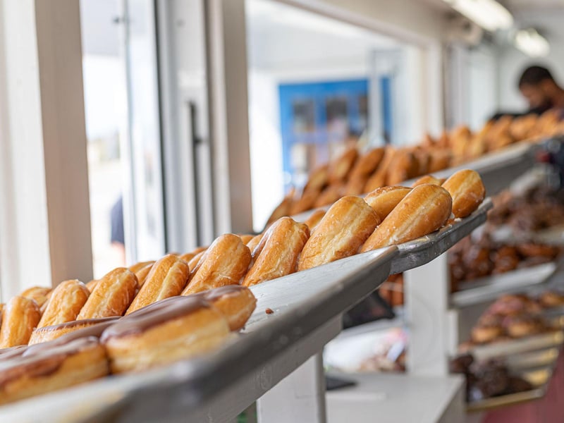 The display case at Thomas Donut  Snack Shop in Panama City Beach, Florida