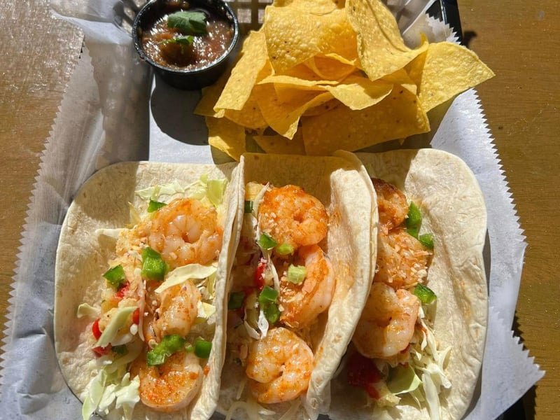 Shrimp tacos with tortilla chips from Burrito del Sol