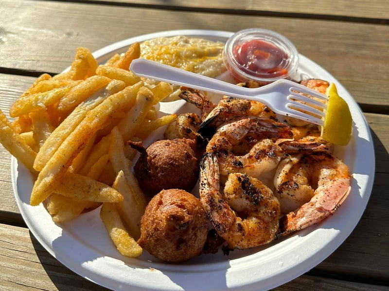 The grilled colossal shrimp dinner at Stewbys Seafood Shanty