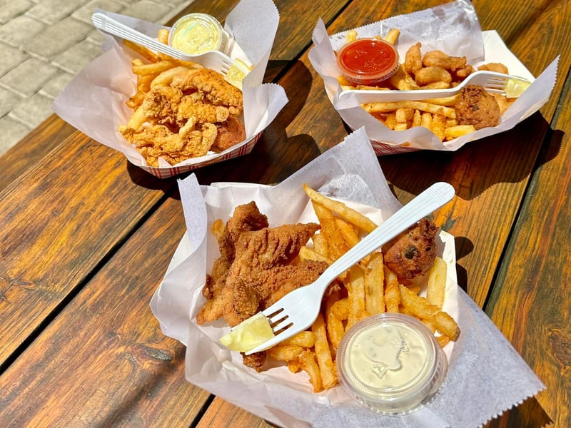 Kids meals with hushpuppies and fries at Stewbys Seafood Shanty