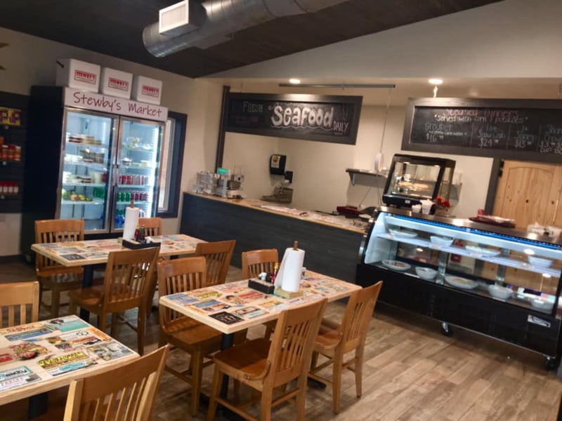 The seafood market and mercantile store at Stewbys Seafood Shanty