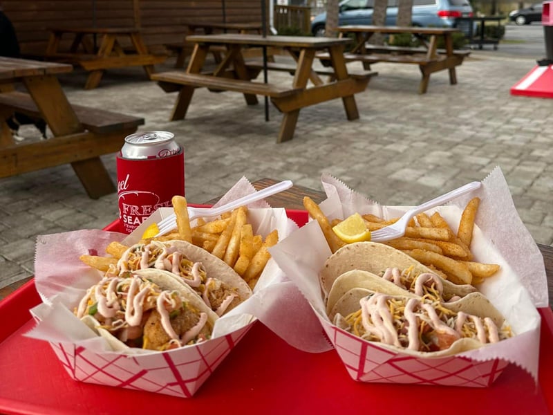 Fish tacos with fries from Stewbys Seafood Shanty
