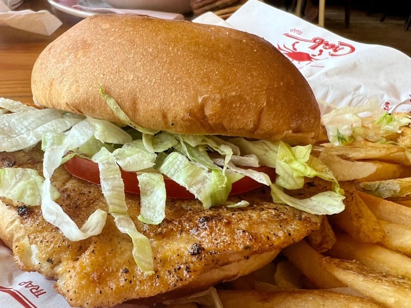 A bronzed mahi mahi sandwich at The Crab Trap