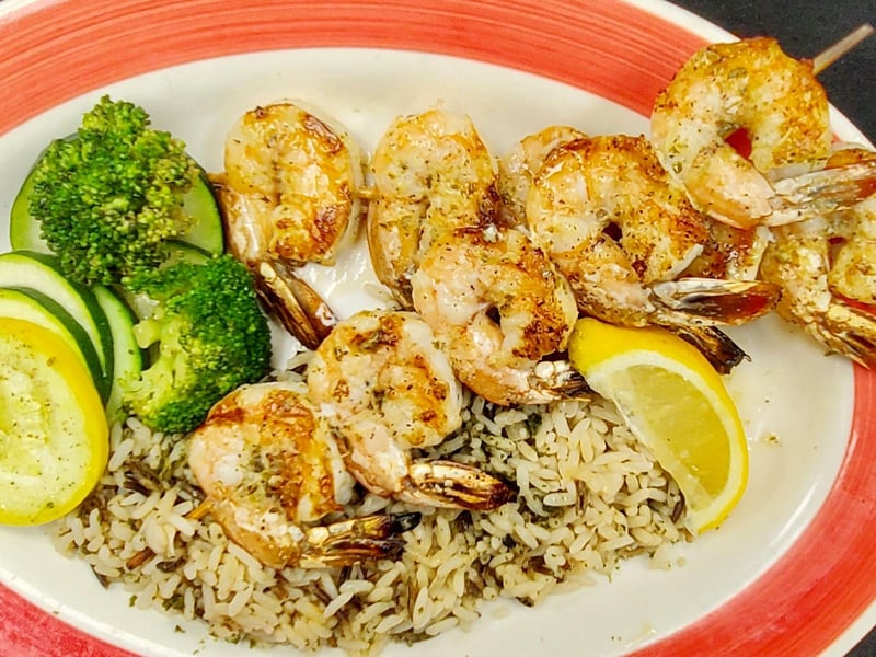 The jumbo shrimp skewers at The Crab Trap in Fort Walton Beach, Florida