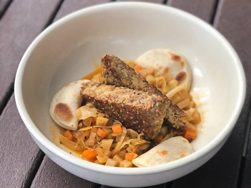 Vegan borsct with smoked tempeh ad handmade pierogis