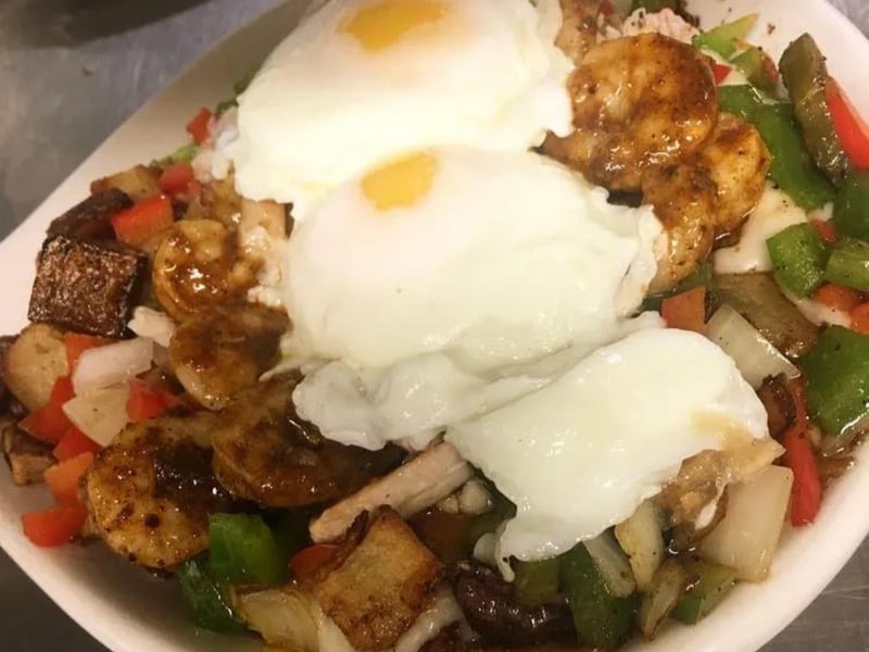 The seafood skillet with bay shrimp and crab meat from Asiagos Skillet